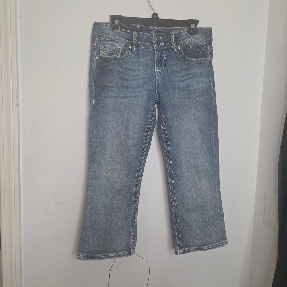 Vigoss The‎ New York Capri Jeans Size 7 Medium Wash Rhinestone Sequin Y2K Blue
